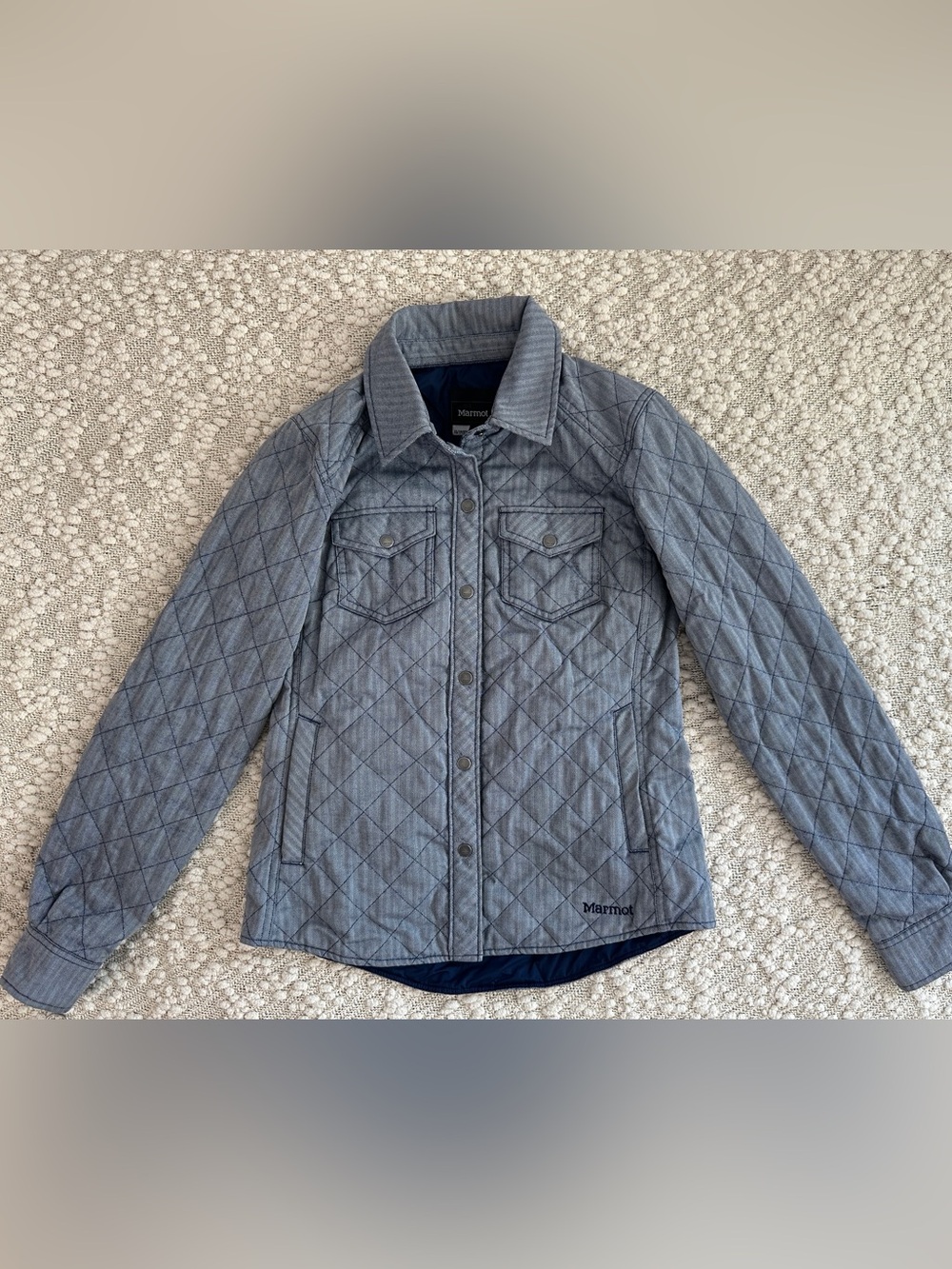 Marmot Riley Insulated Quilted Shirt Jacket XS Blue Herringbone Shacket Snap - Picture 2 of 10